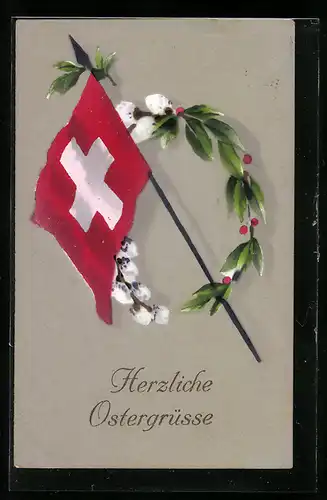 AK Herzliche Ostergrüsse mit schweizer Flagge und Weidenkätzchen