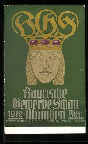 Künstler-AK München, Bayrische-Gewerbeschau 1912, Bavaria mit Krone