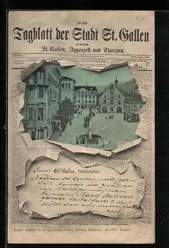 AK St. Gallen, Tagblatt der Stadt St. Gallen, Zeitung mit Ausschnitt des Theaterplatzes
