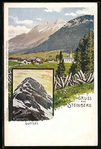 Künstler-AK Rudolf Reschreiter: Steinberg, Ortsansicht mit Kirche, Gipfel des Guffert