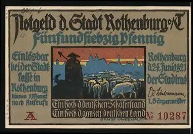 Notgeld Rothenburg / Tauber 1921, 75 Pfennig, Oberschäfer in Tracht neben Gattin