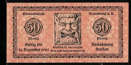 Notgeld Rottenburg a. N. 1921, 50 Pfennig, Steinrelief mit Fratze