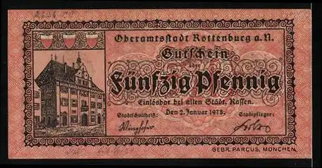 Notgeld Rottenburg a. N. 1921, 50 Pfennig, Steinrelief mit Spruch Itz isch halt so