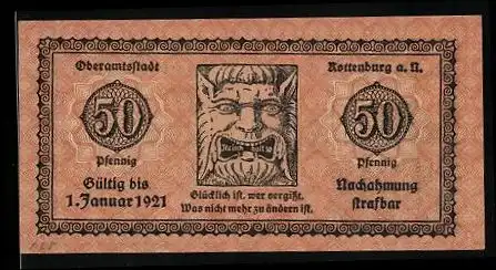 Notgeld Rottenburg a. N. 1921, 50 Pfennig, Glücklich ist, wer vergisst, was nicht mehr zu ändern ist.