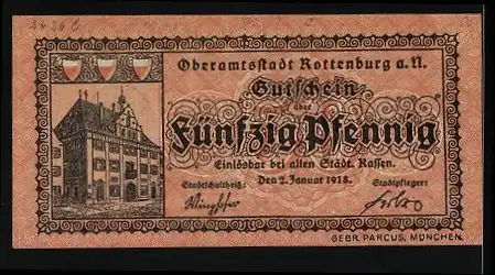 Notgeld Rottenburg a. N. 1921, 50 Pfennig, Glücklich ist, wer vergisst, was nicht mehr zu ändern ist.