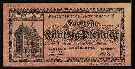 Notgeld Rottenburg a. N. 1921, 50 Pfennig, Rathaus