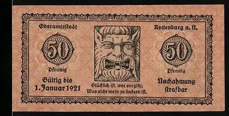 Notgeld Rottenburg a. N. 1921, 50 Pfennig, Steinrelief