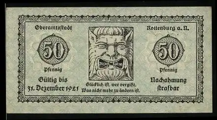 Notgeld Rottenburg a. N. 1921, 50 Pfennig, Steinrelief mit Fratze