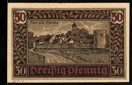 Notgeld Remda i. Thür. 1921, 30 Pfennig, alte Burg, Stadtwappen