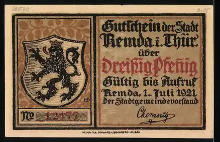 Notgeld Remda i. Thür. 1921, 30 Pfennig, alte Burg, Stadtwappen