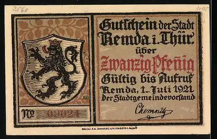 Notgeld Remda i. Thür. 1921, 20 Pfennig, Rathaus