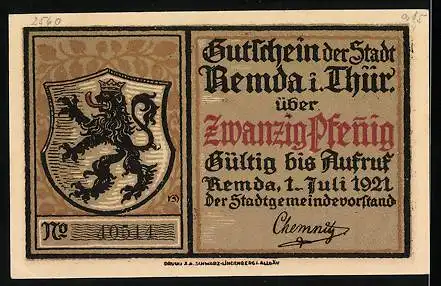 Notgeld Remda i. Thür. 1921, 20 Pfennig, Stadtwappen