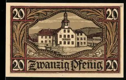 Notgeld Remda i. Thür. 1921, 20 Pfennig, Rathaus mit Brunnen