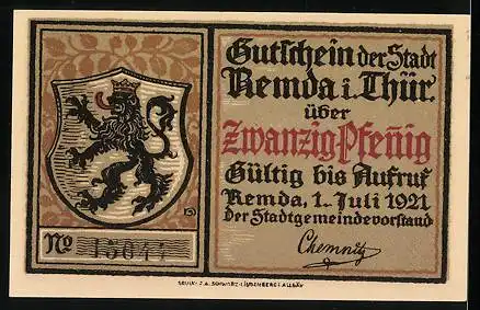 Notgeld Remda i. Thür. 1921, 20 Pfennig, Rathaus mit Brunnen
