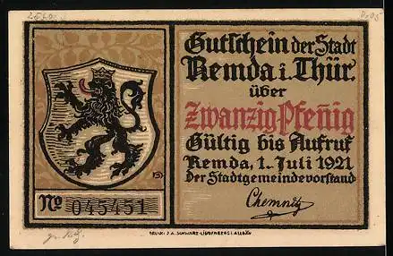 Notgeld Remda i. Thür. 1921, 20 Pfennig, Ortsansicht mit Rathaus