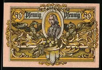 Notgeld Rheinsberg, 50 Pfennig, Porträt Friedrich der Grosse mit zwei Adlern und Schwertern