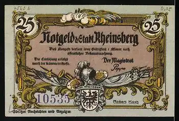 Notgeld Rheinsberg, 25 Pfennig, Abbildung von einem Sänger mit einem Adler