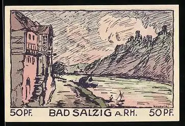Notgeld Bad Salzig am Rhein 1921, 50 Pfennig, Ortsansicht