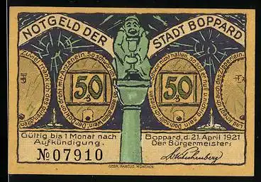 Notgeld Boppard am Rhein 1921, 50 Pfennig, Statue von einem Mönch mit Kelch