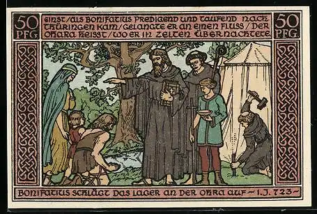 Notgeld Ohrdruf 1921, 50 Pfennig, Bonifatius schlägt Lager an der Ohra auf