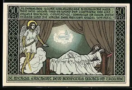 Notgeld Ohrdruf 1921, 50 Pfennig, St. Michael erscheint dem Bonifatius nachts im Traume