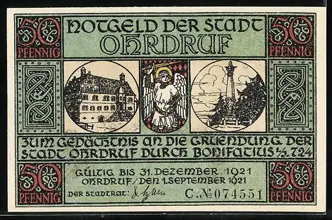 Notgeld Ohrdruf 1921, 50 Pfennig, St. Michael erscheint dem Bonifatius nachts im Traume