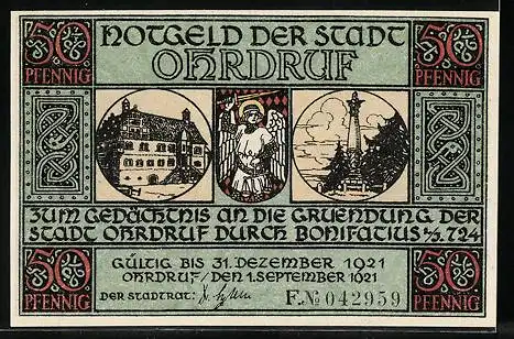 Notgeld Ohrdruf 1921, 50 Pfennig, Ortsansicht um 1813