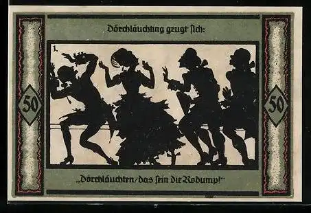 Notgeld Neustrelitz 1921, 50 Pfennig, Silhouette eines Pärchens beim tanzen