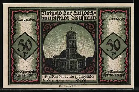 Notgeld Neustrelitz 1921, 50 Pfennig, Silhouette eines Pärchens beim tanzen