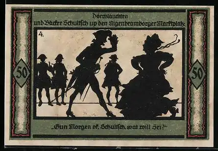Notgeld Neustrelitz 1921, 50 Pfennig, Dörchlauchten und Bäcker Schultsch up den Aigenbramborger Marktplatz
