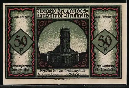 Notgeld Neustrelitz 1921, 50 Pfennig, Dörchlauchten und Bäcker Schultsch up den Aigenbramborger Marktplatz