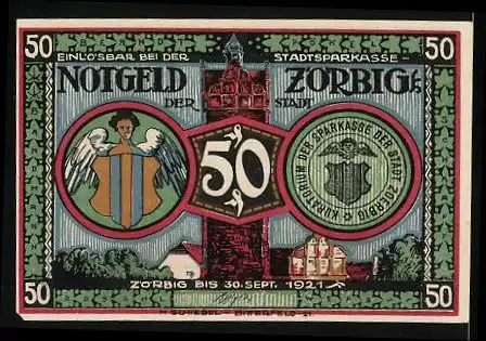 Notgeld Zörbig 1921, 50 Pfennig, Silhouette Familie auf dem Heimweg