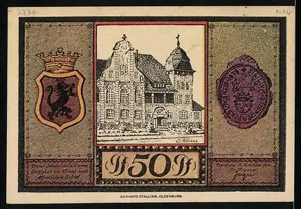 Notgeld Papenburg 1921, 50 Pfennig, Schiff auf dem Meer, Rathaus und Wappen