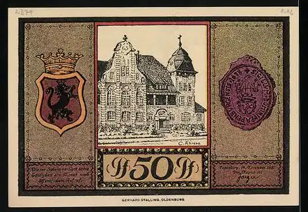 Notgeld Papenburg 1921, 50 Pfennig, Stadtwappen, Segelschiff