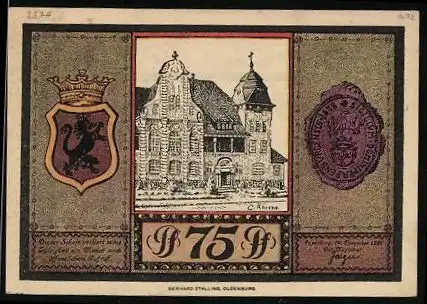 Notgeld Papenburg 1921, 75 Pfennig, Rathaus, Wappen