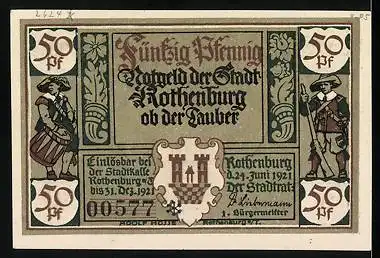 Notgeld Rothenburg ob der Tauber 1921, 50 Pfennig, Portrait Bürgermeister