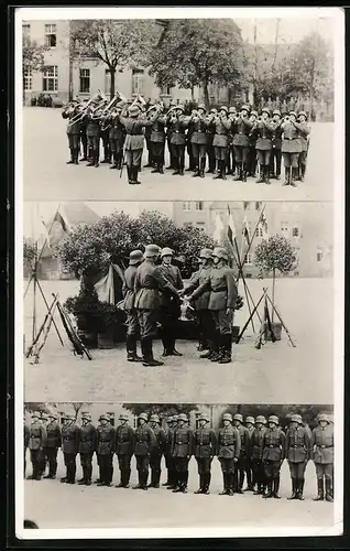 Fotografie Reichswehr Vereidigung, Soldaten mit Stahlhelm M18 schwören Fahneneid