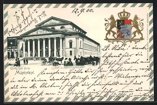 AK München, Blick auf das Hof- u. Nationaltheater, geprägtes Wappen