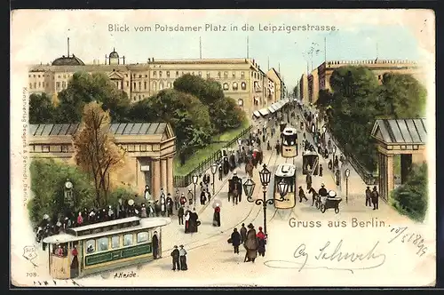Lithographie Berlin-Tiergarten, Blick vom Potsdamer Platz in die Leipzigerstrasse, mit Strassenbahn