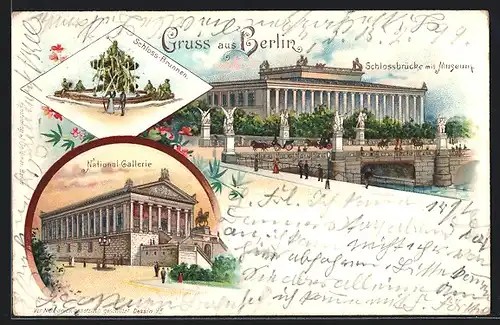 Lithographie Berlin, Schlossbrücke mit Museum, National-Gallerie, Schloss-Brunnen