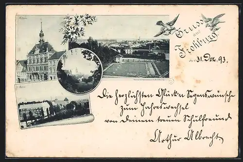 Vorläufer-AK Frohburg, 1893, Schloss, Rathaus, Gesamtansicht