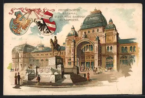 Lithographie Nürnberg, Prinzregenten-Denkmal und neuer Bahnhof