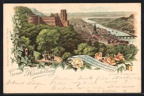 Vorläufer-Lithographie Heidelberg / Neckar, 1891, Gesamtansicht mit Schloss