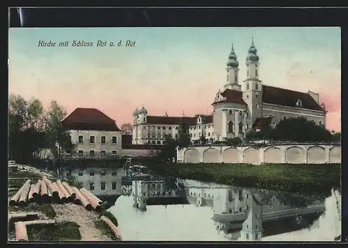 AK Rot a. d. Rot, Kirche mit Schloss im Abendlicht