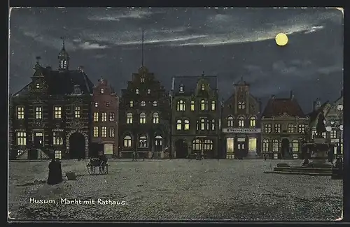 AK Husum, Markt mit Rathaus bei Nacht