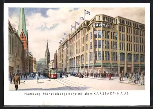 AK Hamburg, Mönckebergstrasse mit Strassenbahn, KARSTADT Haus
