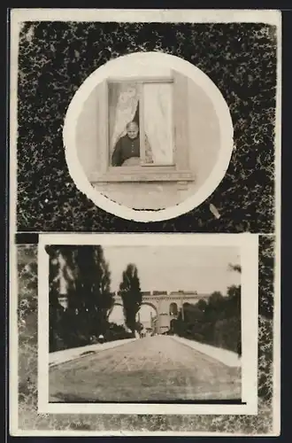 AK Apolda, Strassenpartie, Alte Frau am Fenster