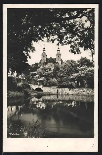 AK Walldürn, Kirche vom Wasser aus gesehen