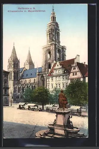 AK Heilbronn, Partie am Mayerdenkmal mit Blick zur Kilianskirche