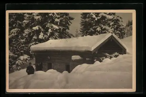 AK München, Einladung zum Faschings-Kränzchen 1926, Ski-Abteilung der Alpenvereinssektion München, Holzhütte im Schnee